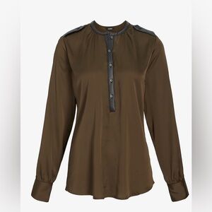 New Express Women's Satin Faux Leather Trim Half Button Up Top Blouse Size XL